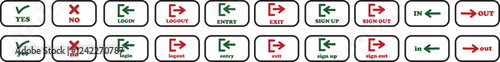 Login and logout icon set Set of sign out, Sign in vector vector collection. Open and close door symbol. Black in, out, exit and enter arrow, trendy flat style isolated on transparent background.