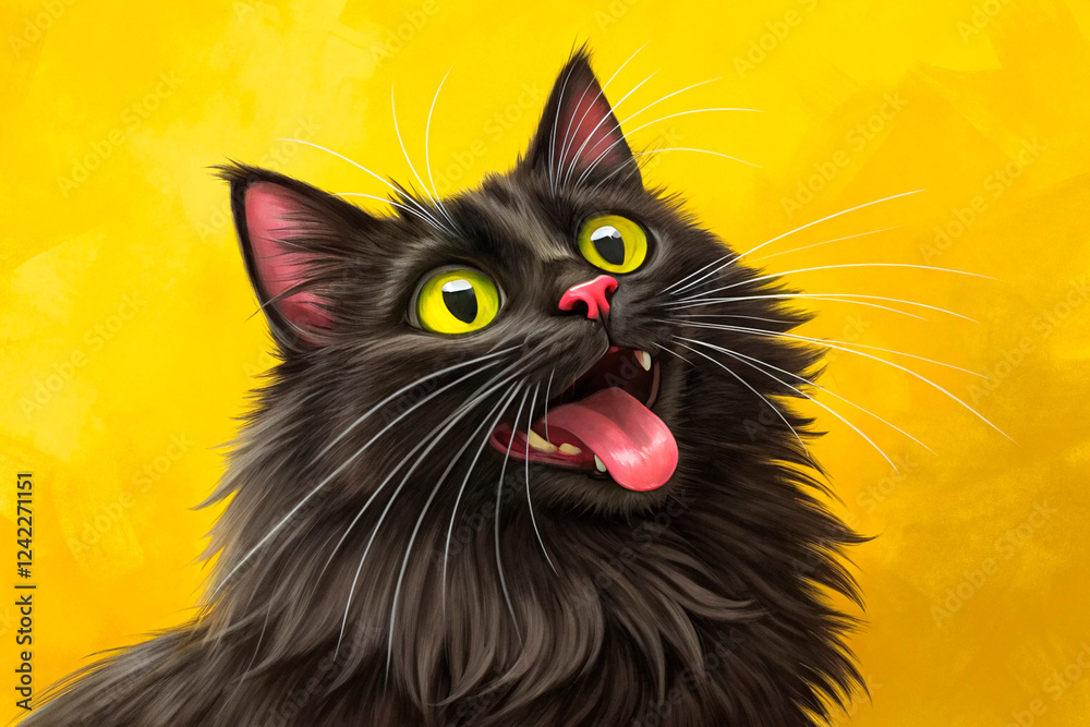 3d digital GLOSSY oil painting of a caricatured whimsical long furred black cat, against a yellow canvas. he has vibrant greenish-yellow round shaped eyes and weird, pink eyelashes - generated by ai 3d digital GLOSSY oil painting of a caricatured whimsical long furred black cat, against a yellow canvas. he has vibrant greenish-yellow round shaped eyes and weird, pink eyelashes - generated by ai