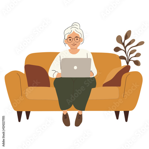 Woman useing laptop on brown sofa illustration art electronics vector
