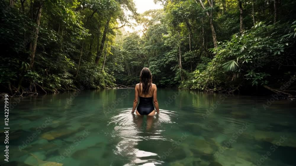 Woman in a Swimsuit Wading in a Crystal-Clear Tropical River Surrounded by Lush Rainforest Woman in a Swimsuit Wading in a Crystal-Clear Tropical River Surrounded by Lush Rainforest