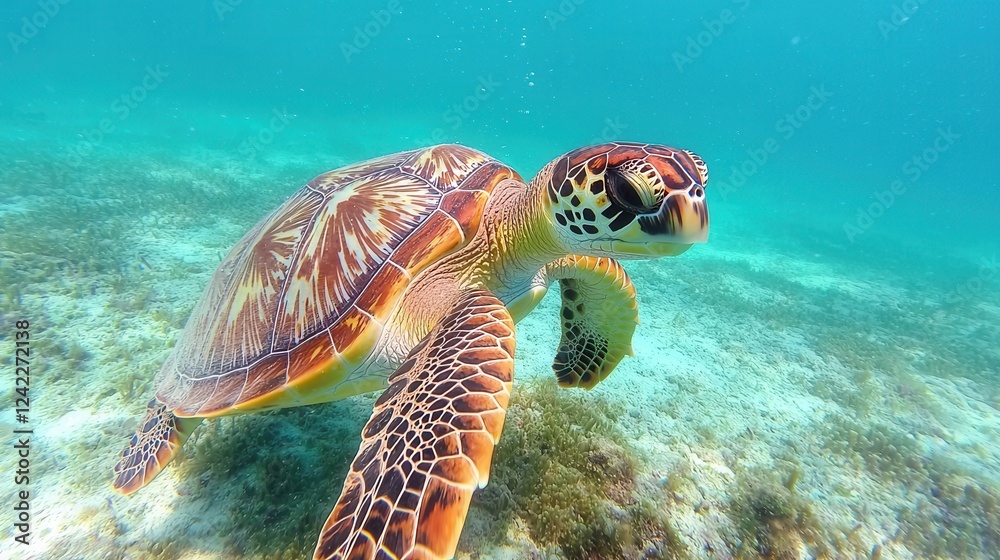 Obraz premium World Wildlife Day concept. Underwater Scene of a Sea Turtle Swimming Near a Coral Reef