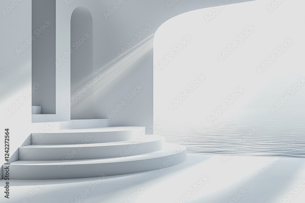Obraz premium Bright white room featuring a staircase leading towards natural light with minimalistic decor and clean lines
