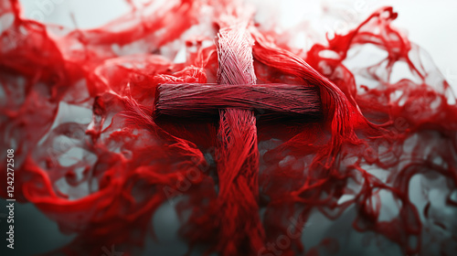 An abstract where a single, vibrant red thread weaves around a cross