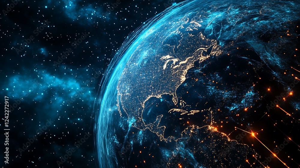 Fototapeta premium Digital rendering of Earth at night for showcasing global technology network connections communication internet universe Concept.