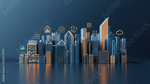 Futuristic urban skyline with digital icons representing sustainability, technology, and growth. This illustration captures essence of modern city development and innovation