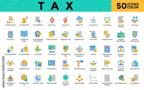 Tax icons set with tax declaration, tax write off, tax certificate, import tax, export tax, digital tax, tax amnesty, tax dispute, tax form checklist, tax treaty icon. Simple flat color vector 
