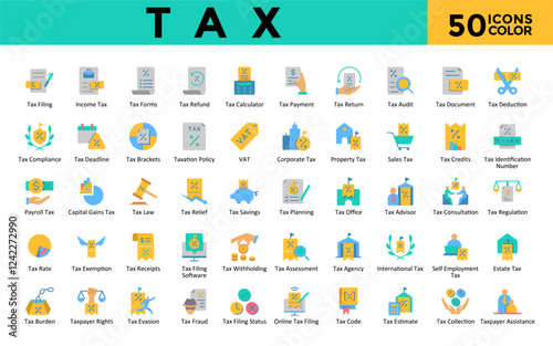 Tax icons set with tax filing, income tax, tax forms, tax refund, tax calculator, tax payment, tax return, tax audit, tax document, tax deduction icon. Simple flat color vector 
