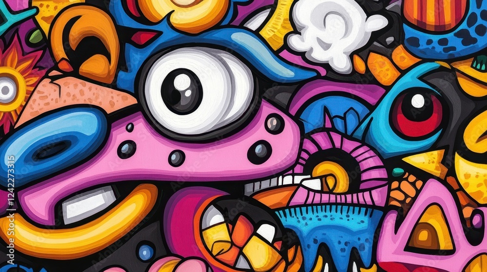 Fototapeta premium Colorful Abstract Art with Cartoon Animals and Bright Patterns