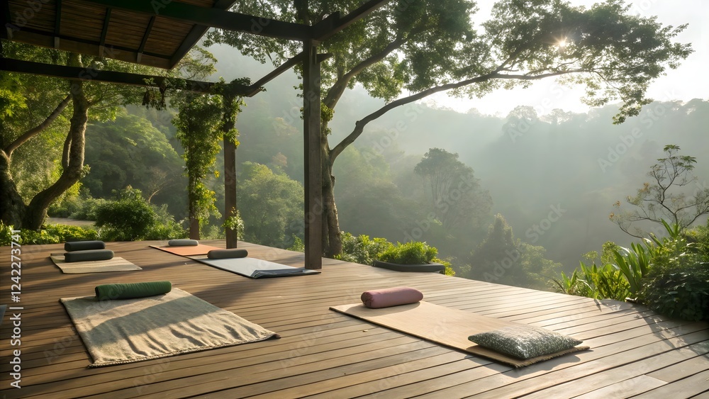 Fototapeta premium Serene Yoga Deck in Tropical Forest Sunrise View Outdoor Meditation Mats