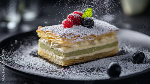 Layered mille-feuille pastry with crisp golden layers, filled with creamy vanilla custard and topped with fresh berries, arranged on a dark slate serving board