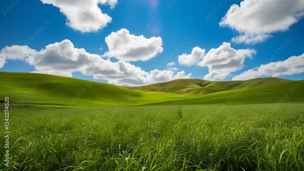 Fototapeta premium Lush Green Fields Under a Bright Blue Sky