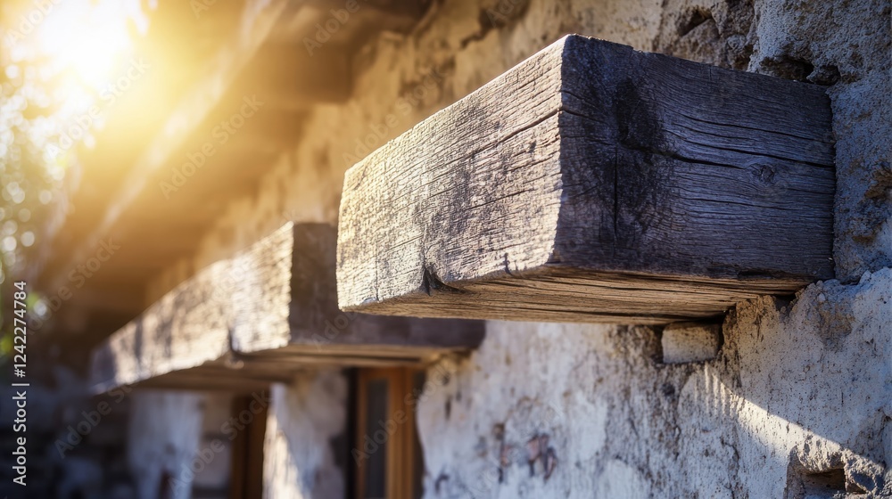 Rustic Wooden Beams on Stone Wall with Warm Sunlight Glow Rustic Wooden Beams on Stone Wall with Warm Sunlight Glow