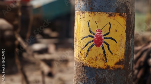 Red Spider Icon on Yellow Background on a Weathered Post photo