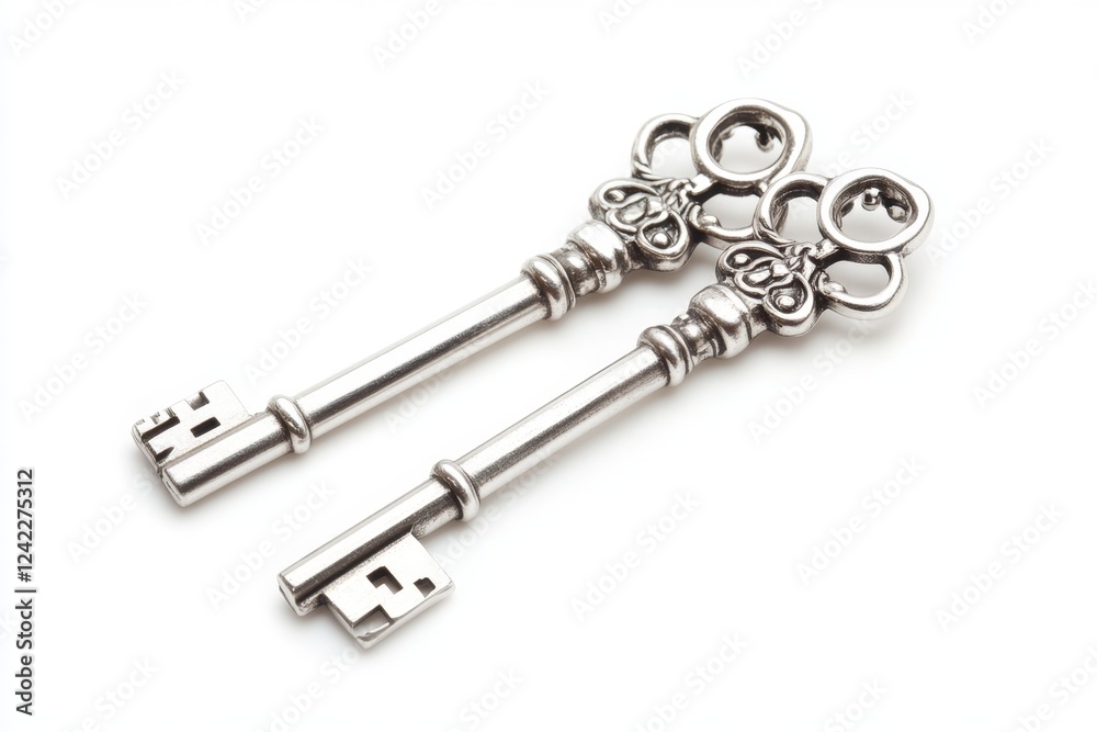Two ornate silver keys on white background Two ornate silver keys on white background