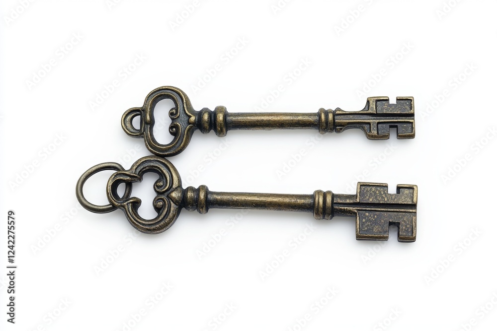 Antique keys, isolated, white background, secrets, design Antique keys, isolated, white background, secrets, design