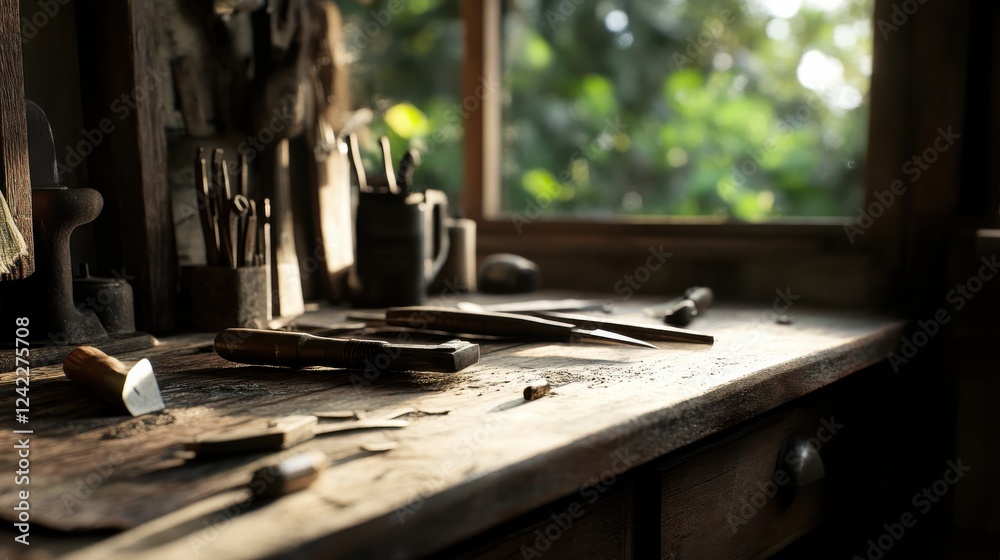 Rustic Woodworking Workspace with Tools and Natural Light Rustic Woodworking Workspace with Tools and Natural Light