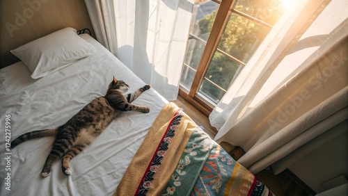 Tabby Cat Relaxing on Bed near Window with Sunlight Streaming Through Sheer Curtains