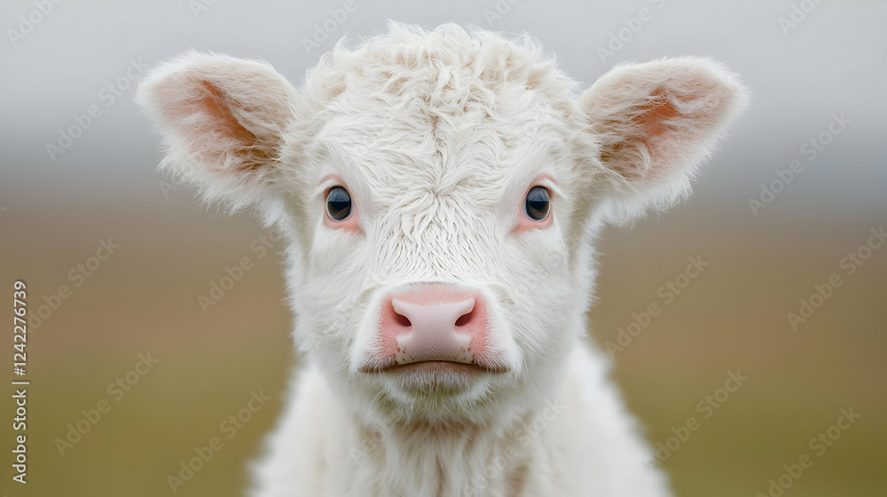 Fototapeta premium Fluffy white baby calf looks directly at the camera in a soft-focus outdoor pasture during daytime.