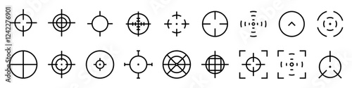 crosshair for gaming, targeting, aim, sniper Bullseye, black target or aim symbol. Military rifle scope, shooting mark sign. Targeting, aiming for a shot. Archery, hunting and sports shooting. Game UI