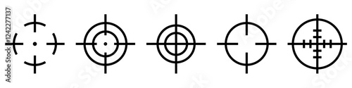 crosshair icon , targeting, aim, sniper Bullseye, black target or aim symbol. Military rifle scope, shooting mark sign. Targeting, aiming for a shot. Archery, hunting and sports shooting. Game UI