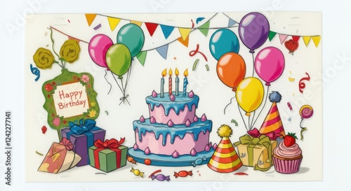 Colorful Birthday Celebration: Cake, Balloons, Gifts, and Party Hats for a Joyful Festive Atmosphere