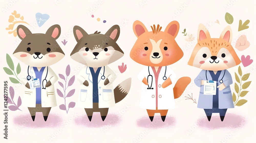 Charming of Adorable Animal Doctors Wearing Unique Medical Uniforms and Accessories Offering Veterinary Healthcare Services on a Pastel Background Charming of Adorable Animal Doctors Wearing Unique Medical Uniforms and Accessories Offering Veterinary Healthcare Services on a Pastel Background