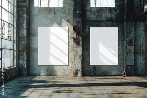 Two blank posters on a grunge wall in a large industrial space.