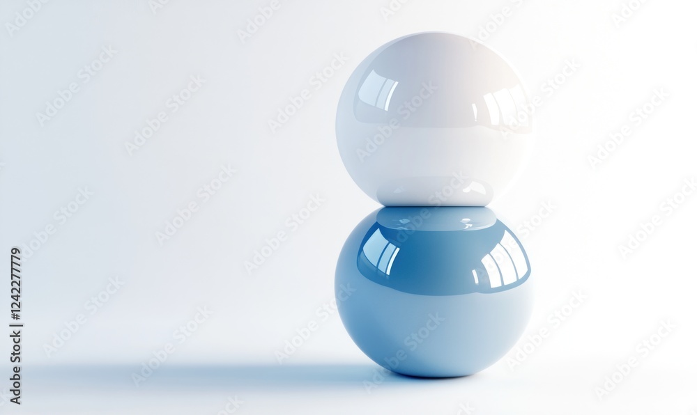 Two glossy spheres, one white, one blue, balanced on top of each other against a white background. Two glossy spheres, one white, one blue, balanced on top of each other against a white background.