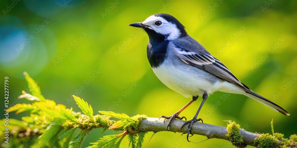Fototapeta premium Aerial View of White Wagtail on Branch in Poland - Stunning Bird Photography of Motacilla alba in Natural Habitat with Lush Greenery and Serene Landscape