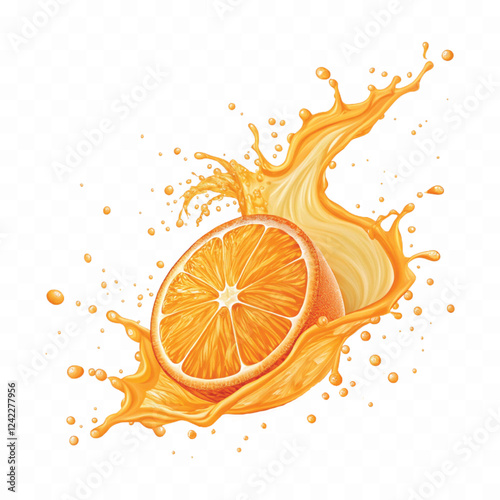 abstract 3d Juice splash with orange slice realistic vector. 3d citrus fruit liquid, summer tropical vacation drink symbol. Fresh vitamin sweet liquid flowing in motion isolated on white background