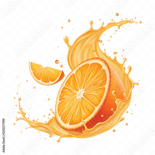 abstract 3d Juice splash with orange slice realistic vector. 3d citrus fruit liquid, summer tropical vacation drink symbol. Fresh vitamin sweet liquid flowing in motion isolated on white background