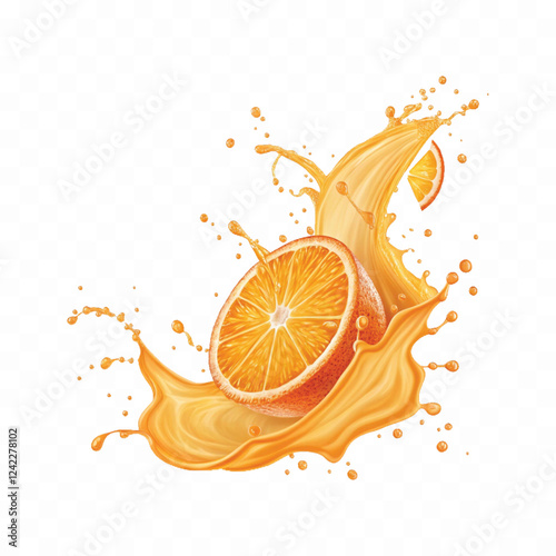 abstract 3d Juice splash with orange slice realistic vector. 3d citrus fruit liquid, summer tropical vacation drink symbol. Fresh vitamin sweet liquid flowing in motion isolated on white background