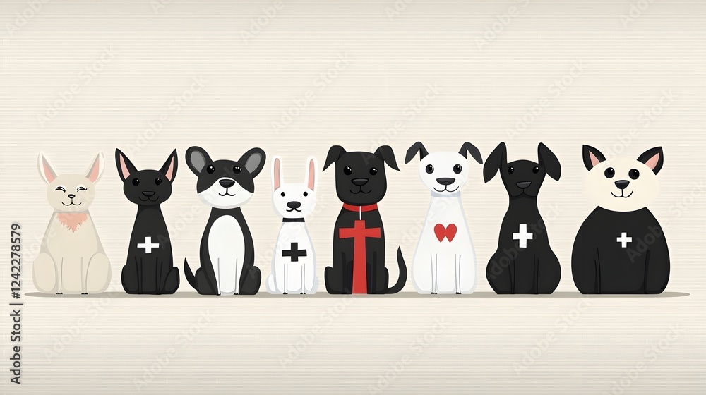 Obraz premium Colorful and whimsical of a stylized animal medical team including a doctor nurse and other medical professionals set against a pastel beige background