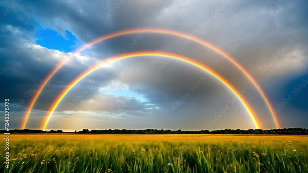 time lapse of a rainbow over a green field time lapse of a rainbow over a green field
