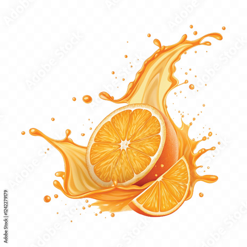 abstract 3d Juice splash with orange slice realistic vector. 3d citrus fruit liquid, summer tropical vacation drink symbol. Fresh vitamin sweet liquid flowing in motion isolated on white background