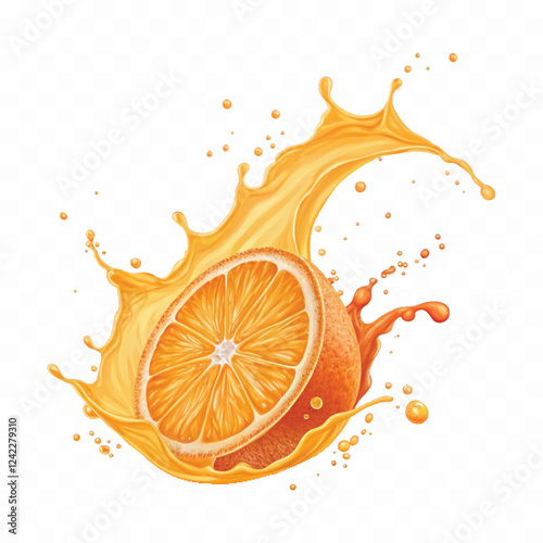 abstract 3d Juice splash with orange slice realistic vector. 3d citrus fruit liquid, summer tropical vacation drink symbol. Fresh vitamin sweet liquid flowing in motion isolated on white background