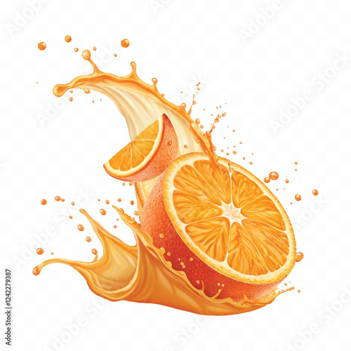 abstract 3d Juice splash with orange slice realistic vector. 3d citrus fruit liquid, summer tropical vacation drink symbol. Fresh vitamin sweet liquid flowing in motion isolated on white background