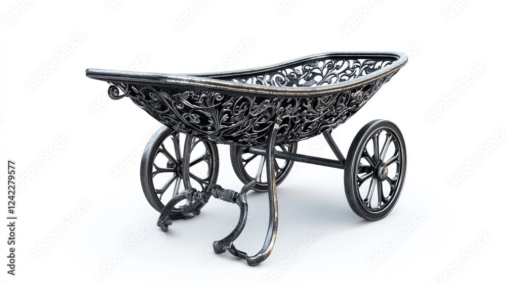 Ornate metal cart, studio shot, white background, decorative design, website use Ornate metal cart, studio shot, white background, decorative design, website use