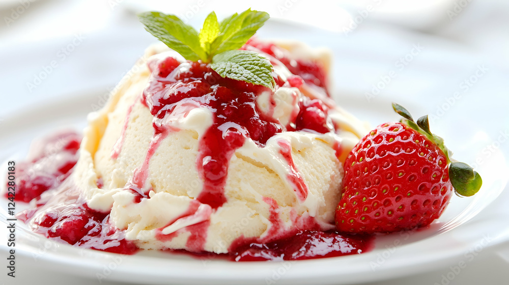 Vanilla ice cream with berry sauce and strawberry Vanilla ice cream with berry sauce and strawberry