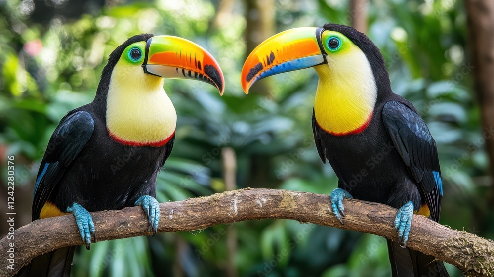 Fototapeta premium Two toucans face each other on a branch in a lush green rainforest.