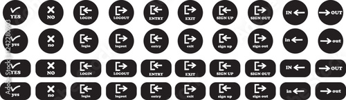 Login and logout icon set Set of sign out, Sign in vector vector collection. Open and close door symbol. Black in, out, exit and enter arrow, trendy flat style isolated on transparent background.