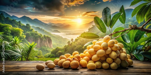 Captivating Double Exposure of Tropical Dokong Fruit: Sweet Lanzones with Translucent Flesh and Lush Southeast Asian Background photo