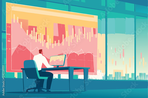 A serious businessman meticulously analyzes fluctuating stock market graphs displayed on a large monitor in his modern office.