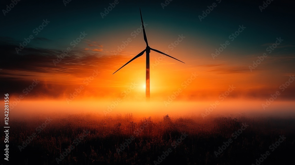 Wind turbine at sunset, fog over field. Alternative energy source concept use Wind turbine at sunset, fog over field. Alternative energy source concept use