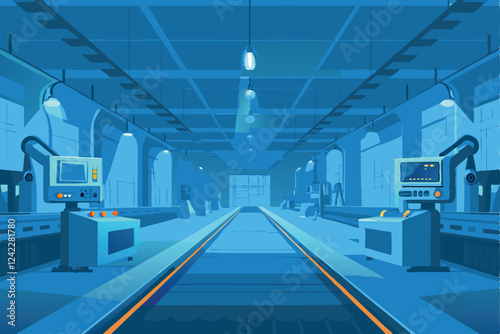 Generate a photorealistic image of a pristine, modern factory showcasing a highly automated robotic assembly line, emphasizing clean lines and futuristic technology.