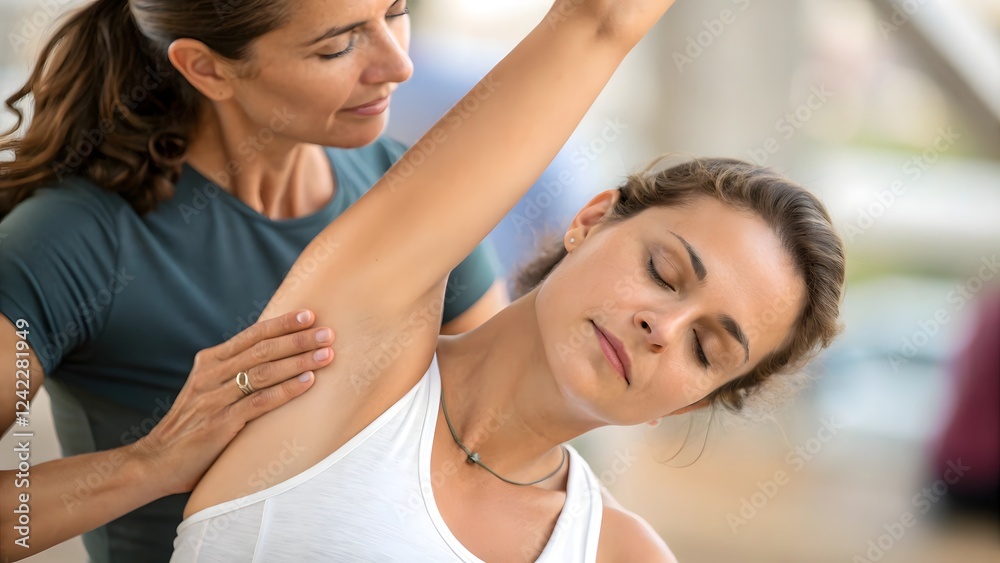 Woman Receiving Gentle Yoga Assist Stretching Exercise Physical Therapy Wellness Woman Receiving Gentle Yoga Assist Stretching Exercise Physical Therapy Wellness