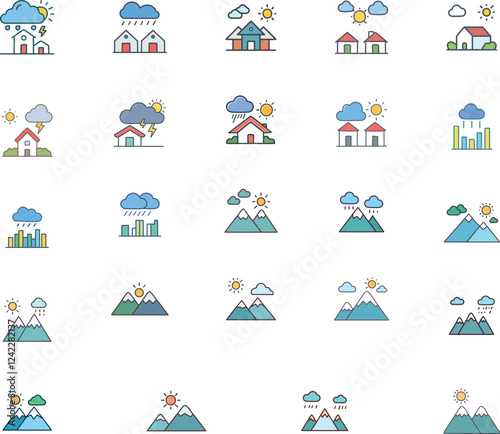 Weather colorful icons Contains such icons as Weather, Temperature, Climate, Moon, Wind, Cyclone, Climate Change, Tornado, Sun, Cloud, Rain, Snow, vector file