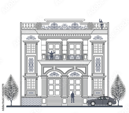 Facade of 2 storeys symmetrical modern classic house with 4 doors, 4 windows, 3 columns, balustrade, balcony, frames, decoration, stairs, crown, canopy and its elements design.