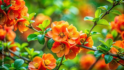 Chaenomeles Japonica Shrub: Lush Green Leaves and Vibrant Orange Flowers in a Natural Setting, Showcasing the Beauty of Springtime Flora and Documenting Nature's Splendor