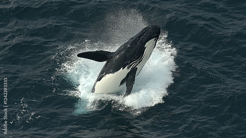 Naklejka premium Orca breaching, splashing water, ocean wildlife.